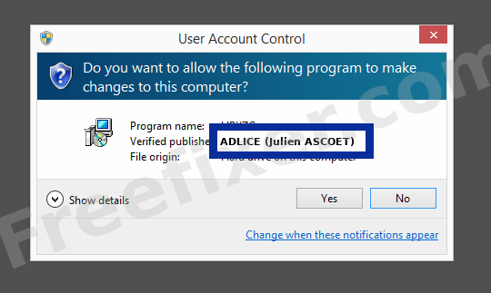 Screenshot where ADLICE (Julien ASCOET) appears as the verified publisher in the UAC dialog